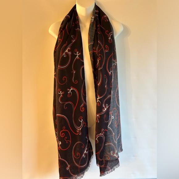 HANDMADE 100% WOOL SWIRL PATTERNED CHOCOLATE BROWN BLACK RED AND CREAM SCARF O/S - Picture 6 of 9